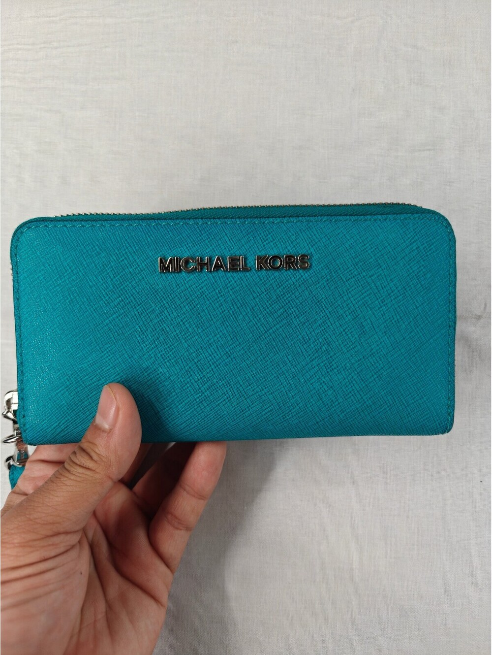 Michael Kors Continental Wallet Turquoise Teal Saffiano Leather Zip Wristlet